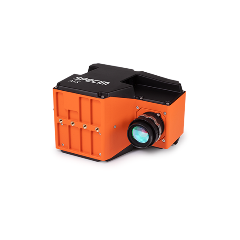 Orange and black Specim AFX17 hyperspectral camera with mounted lens.