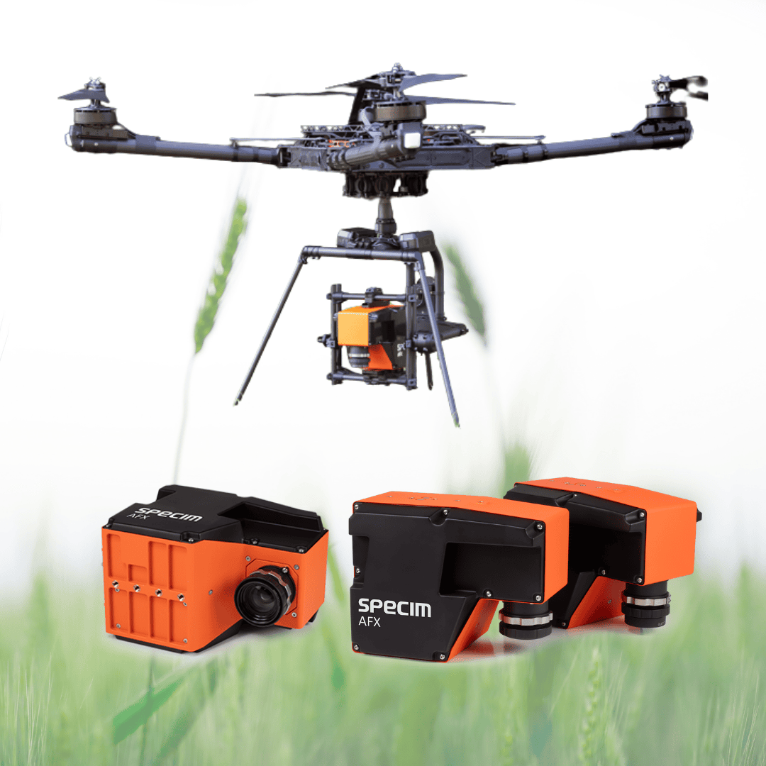 Specim AFX camera images with an abstract image of a wheat field and an AFX camera mounted to a drone.