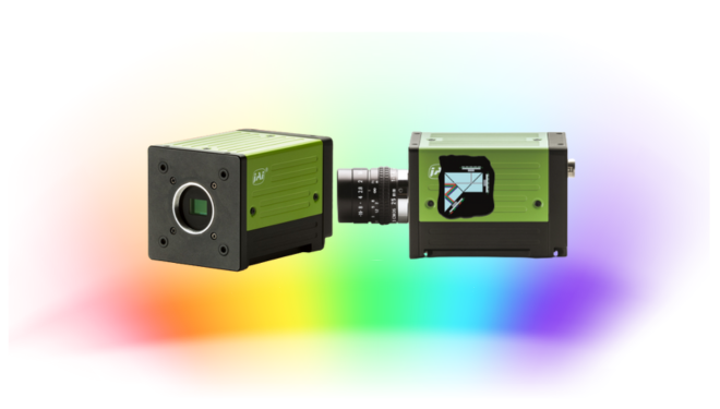 JAI Flex-Eye multispectral camera front view of sensor with no lens mounted, and side view with lens mounted and graphic demonstrating path of light through internal components to sensor