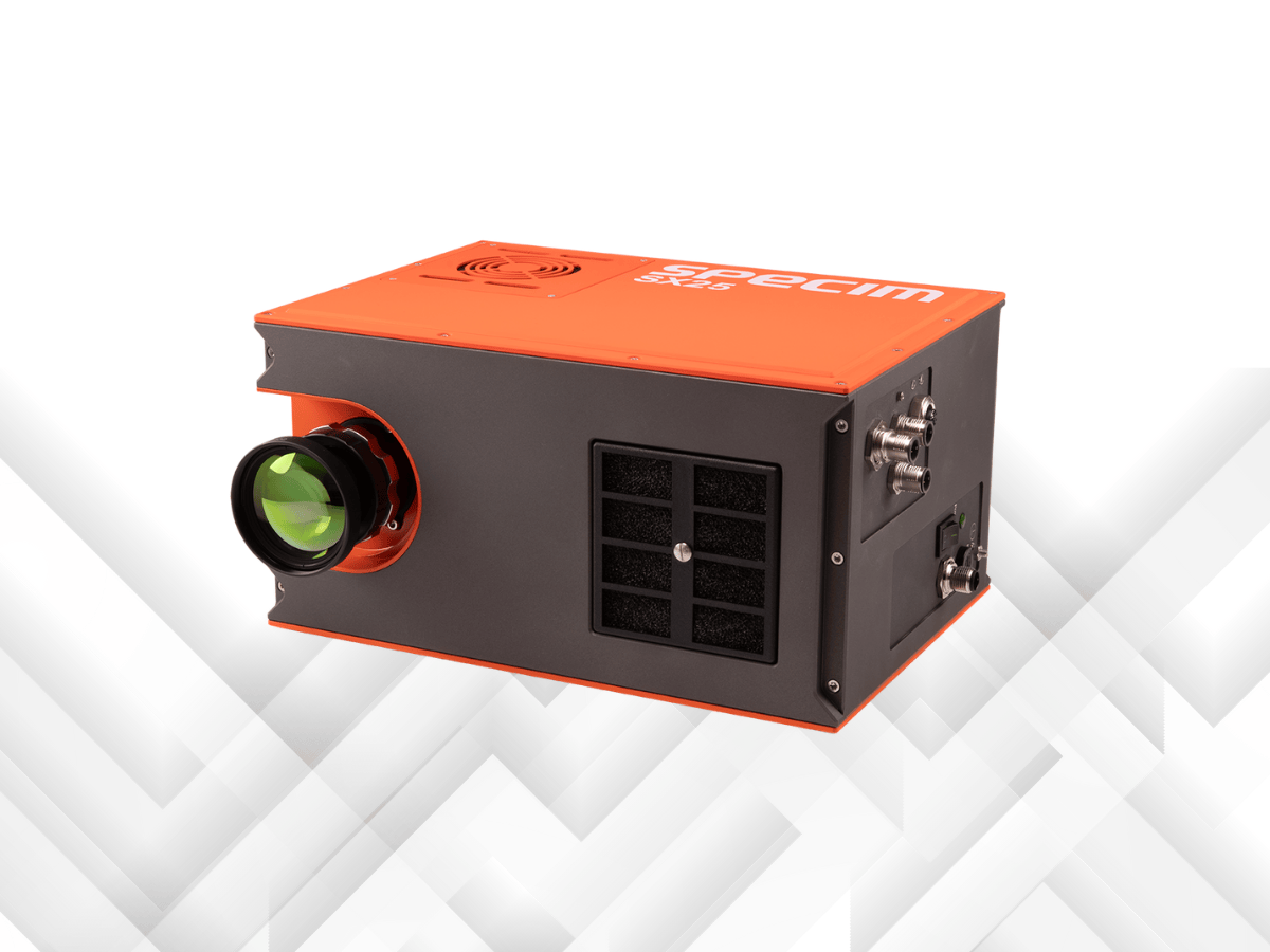 Specim SX25 hyperspectral camera front view with grey graphics in background