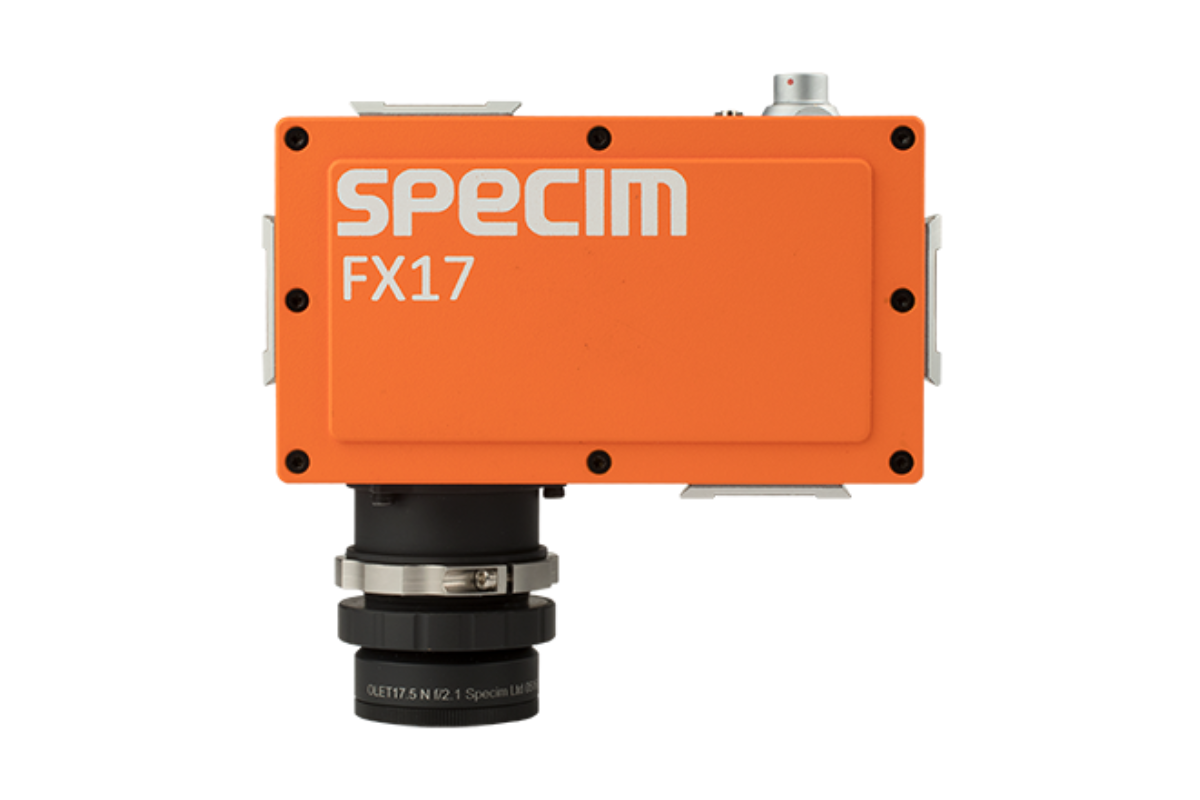 Specim FX17 NIR hyperspectral camera front view with attached objective lens.