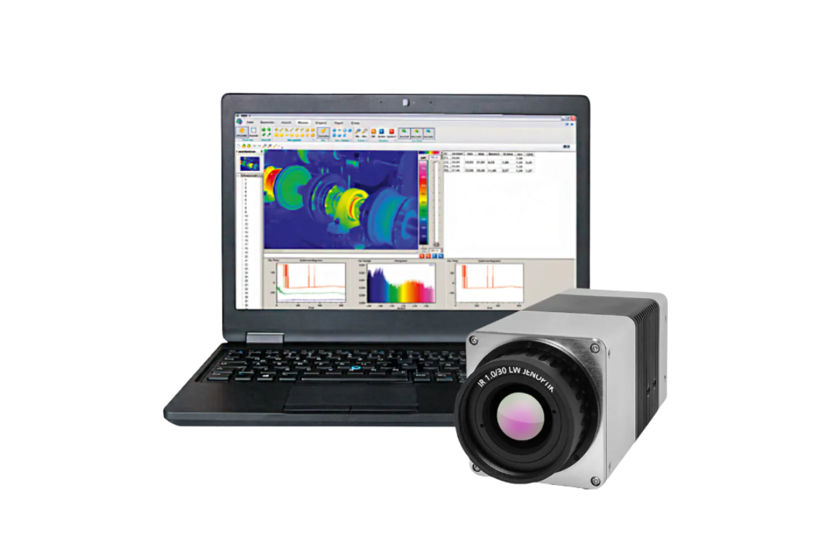 VarioCAM HD head 900 camera beside laptop showing IRBIS 3 user interface