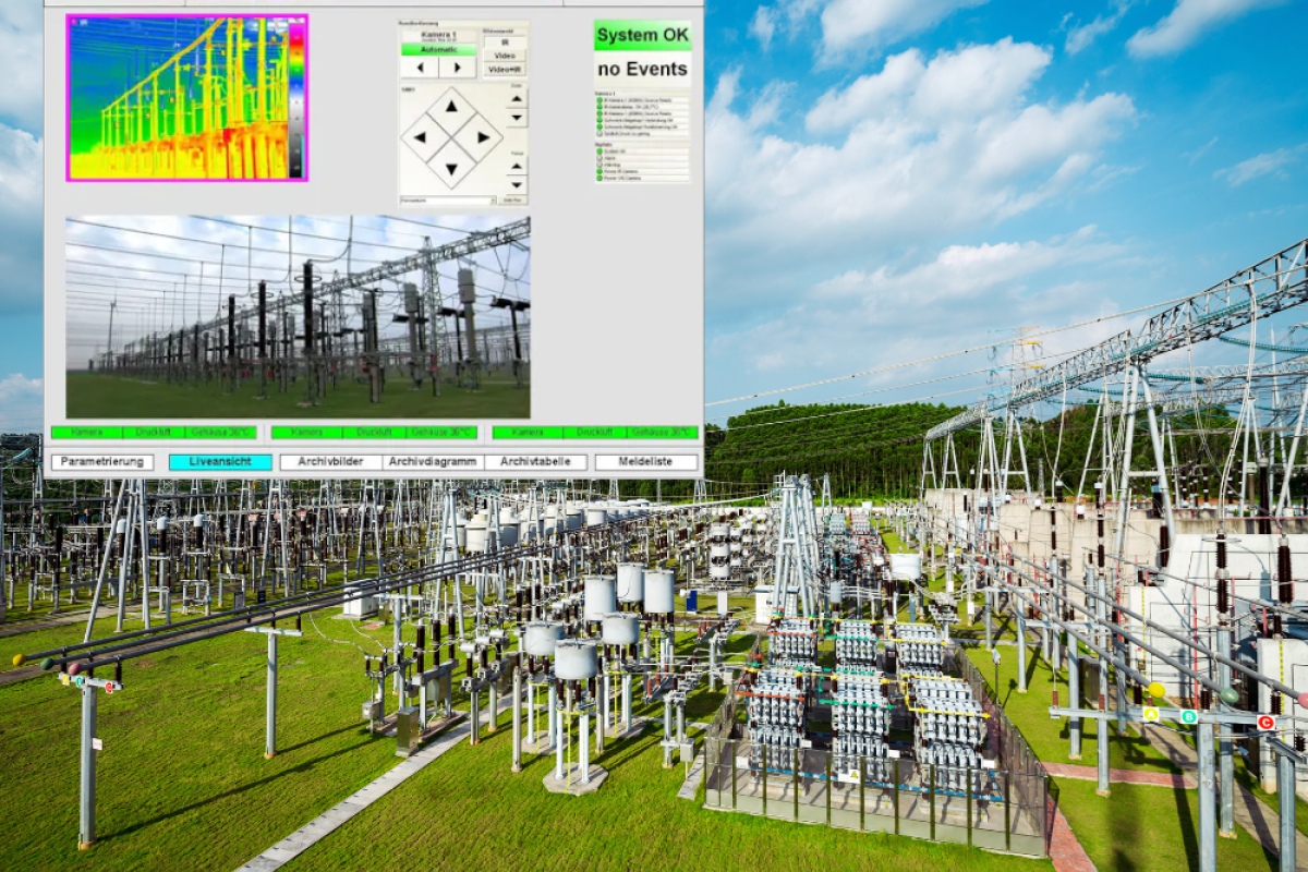 Image of substation with image of graphic user interface of GRID-DETECT monitoring software