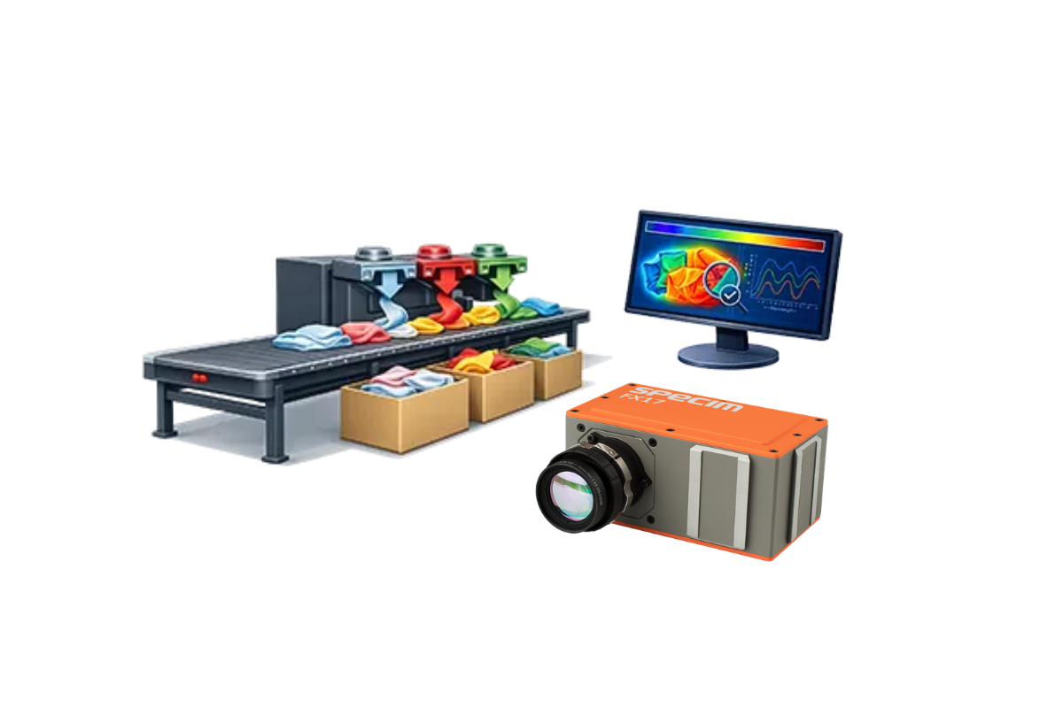 Conveyor with different textiles on it being sorted into different boxes, beside monitor showing analysis of different textiles and image of Specim FX17