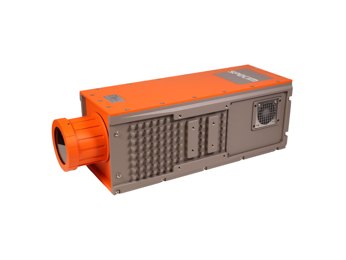 Specim SWIR hyperspectral camera side view with mounted objective lens
