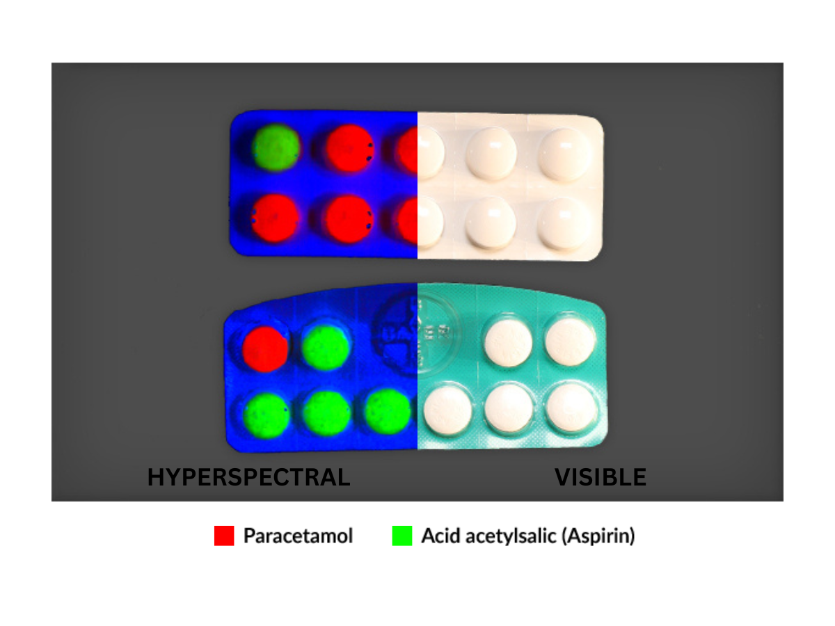 Pharmaceutical tablets in blister packs side by side image of visible and hyperspectral analysis showing differences only detectable with hyperspectral imaging
