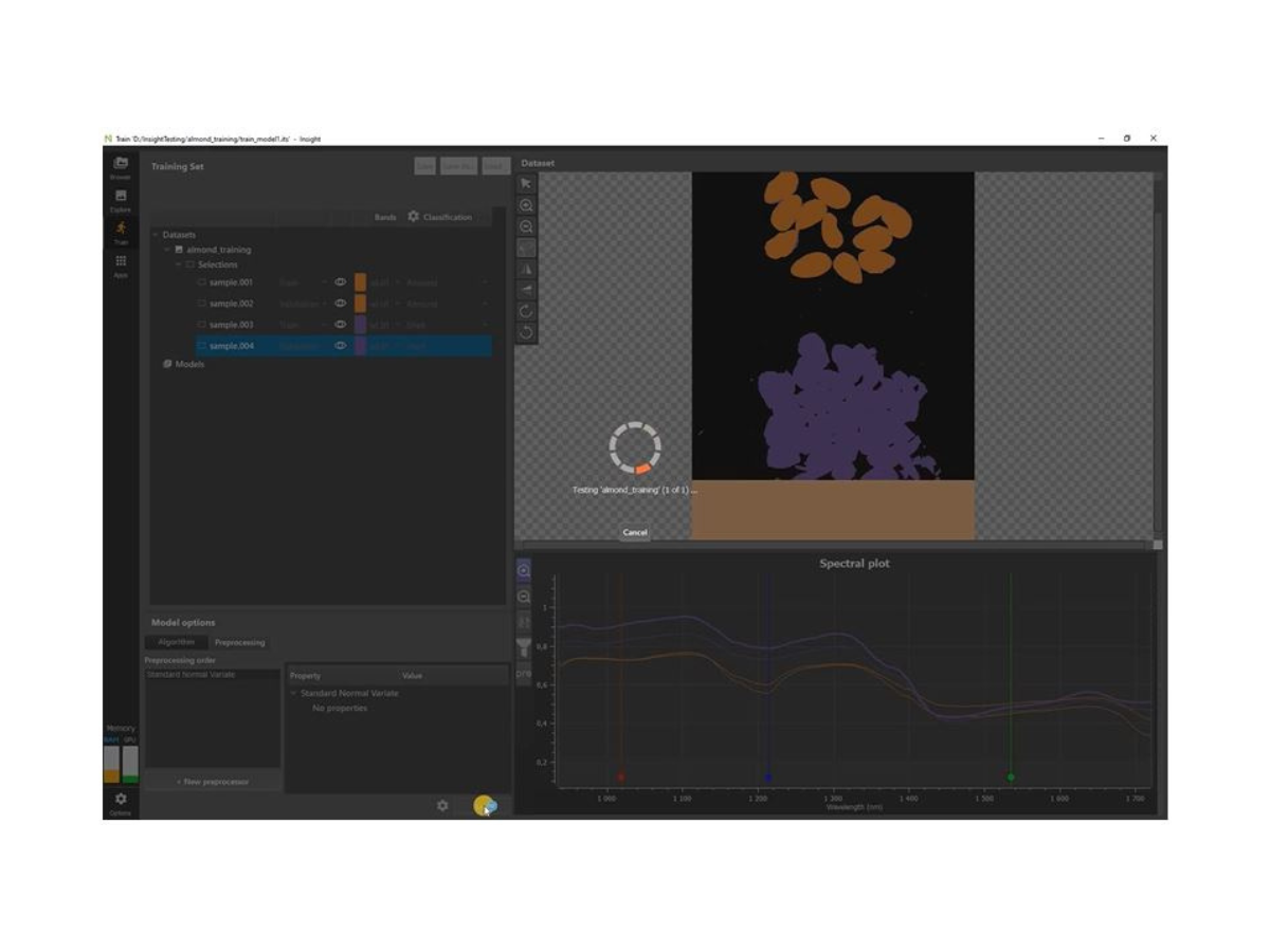 SpecimINSIGHT graphical user interface showing training and validating of spectral data