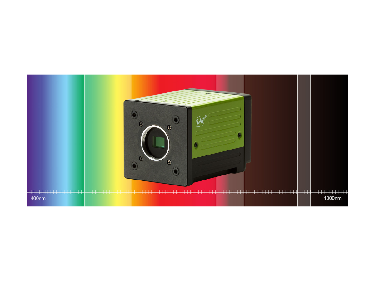 JAI Flex-eye camera side view with no objective lens with a spectrum background