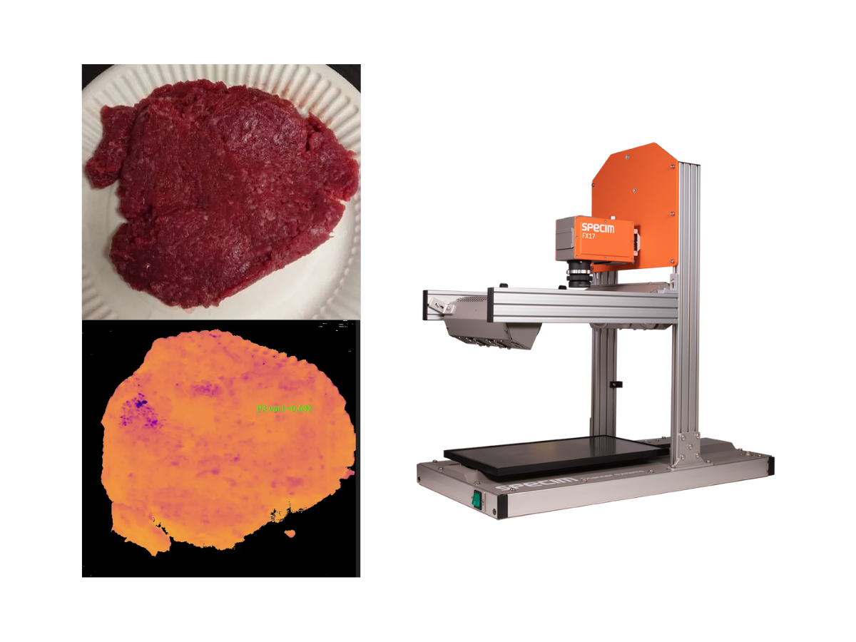 Ground beef imaged with hyperspectral imaging showing moisture distribution, along with picture of 40x20 labscanner with FX17