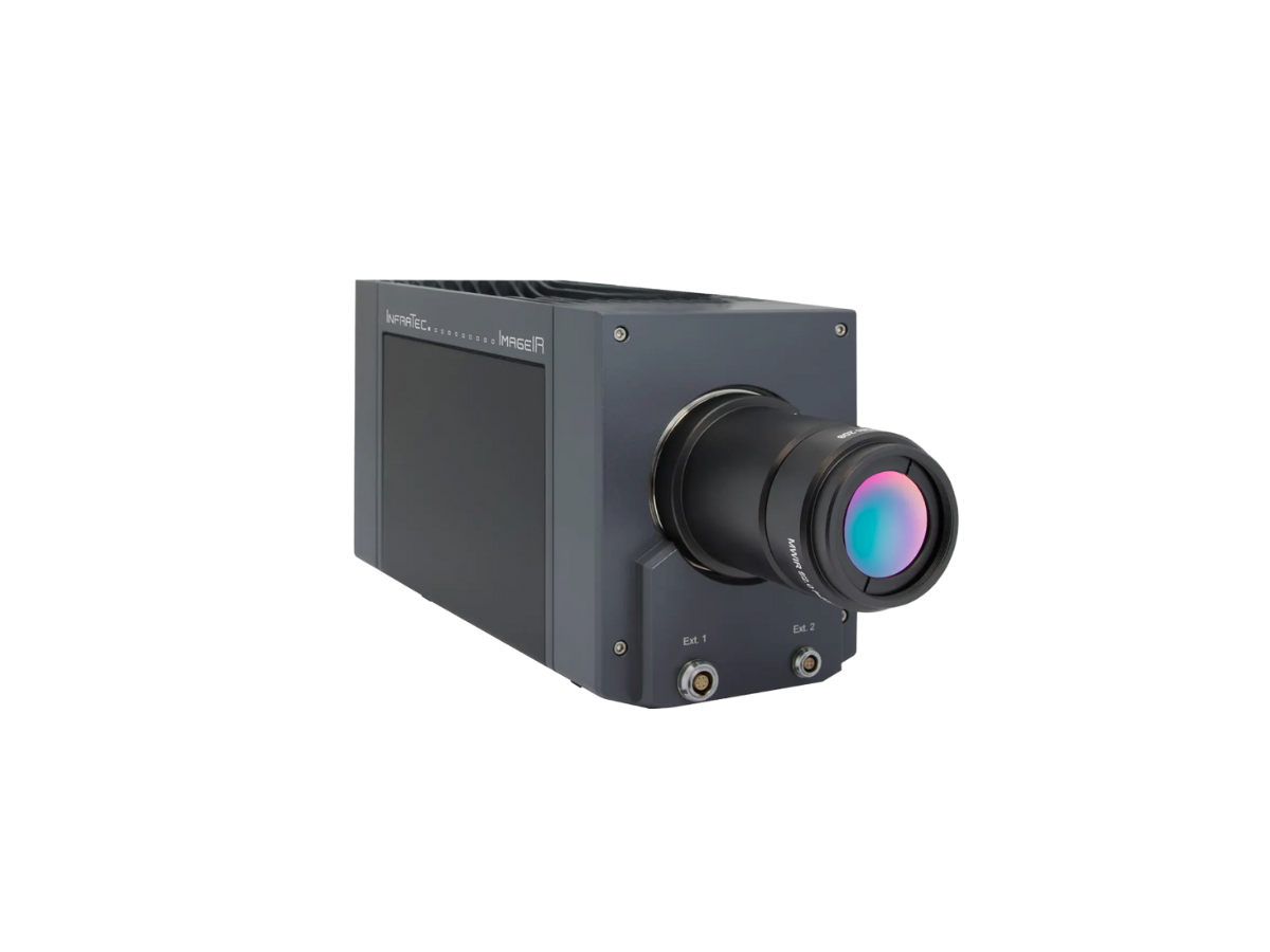 InfraTec ImageIR 4300 black camera side view with mounted objective lens