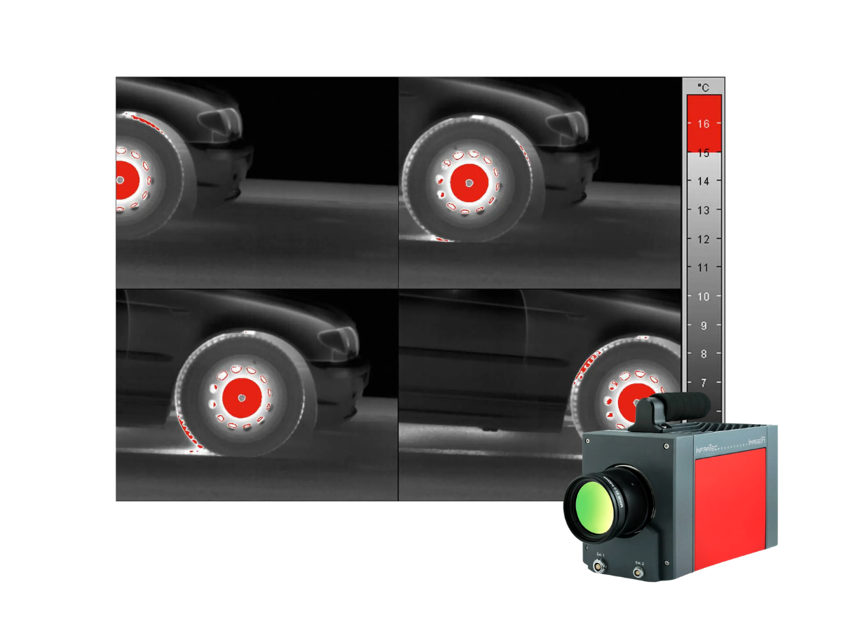 InfraTec ImageIR 5300 camera with lens beside thermal image of care tire brakes on moving car