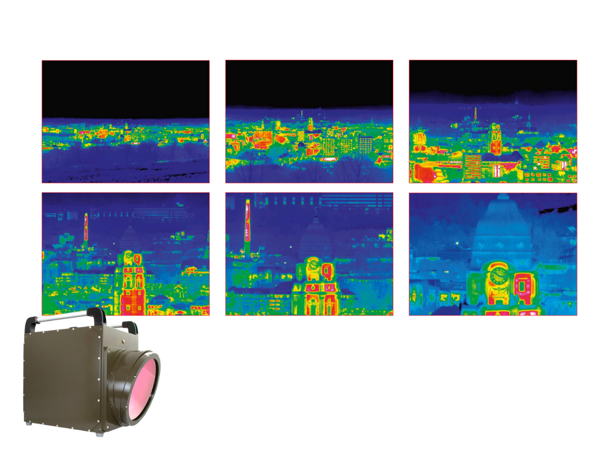 InfraTec ImageIR 9300 Z camera beside series of long distance and zoomed in thermal images 