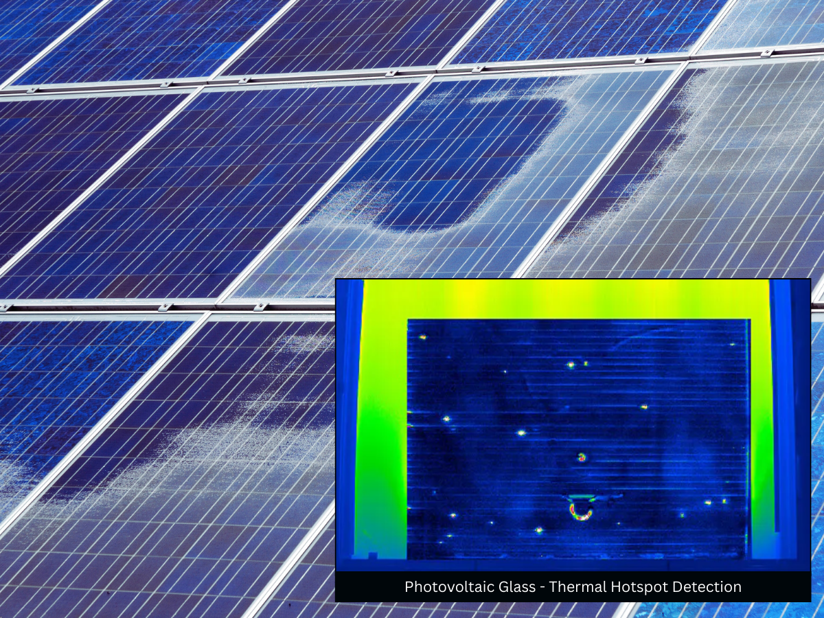 Photovoltaic glass with a thermal image showing hotspot detection