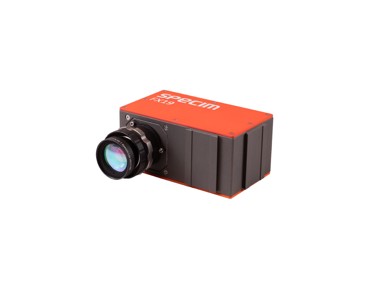 Specim FX19 hyperspectral camera with mounted objective lens front side view