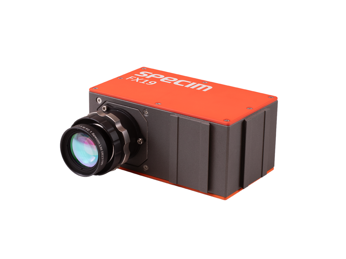 Specim FX19 hyperspectral camera with mounted objective lens front side view