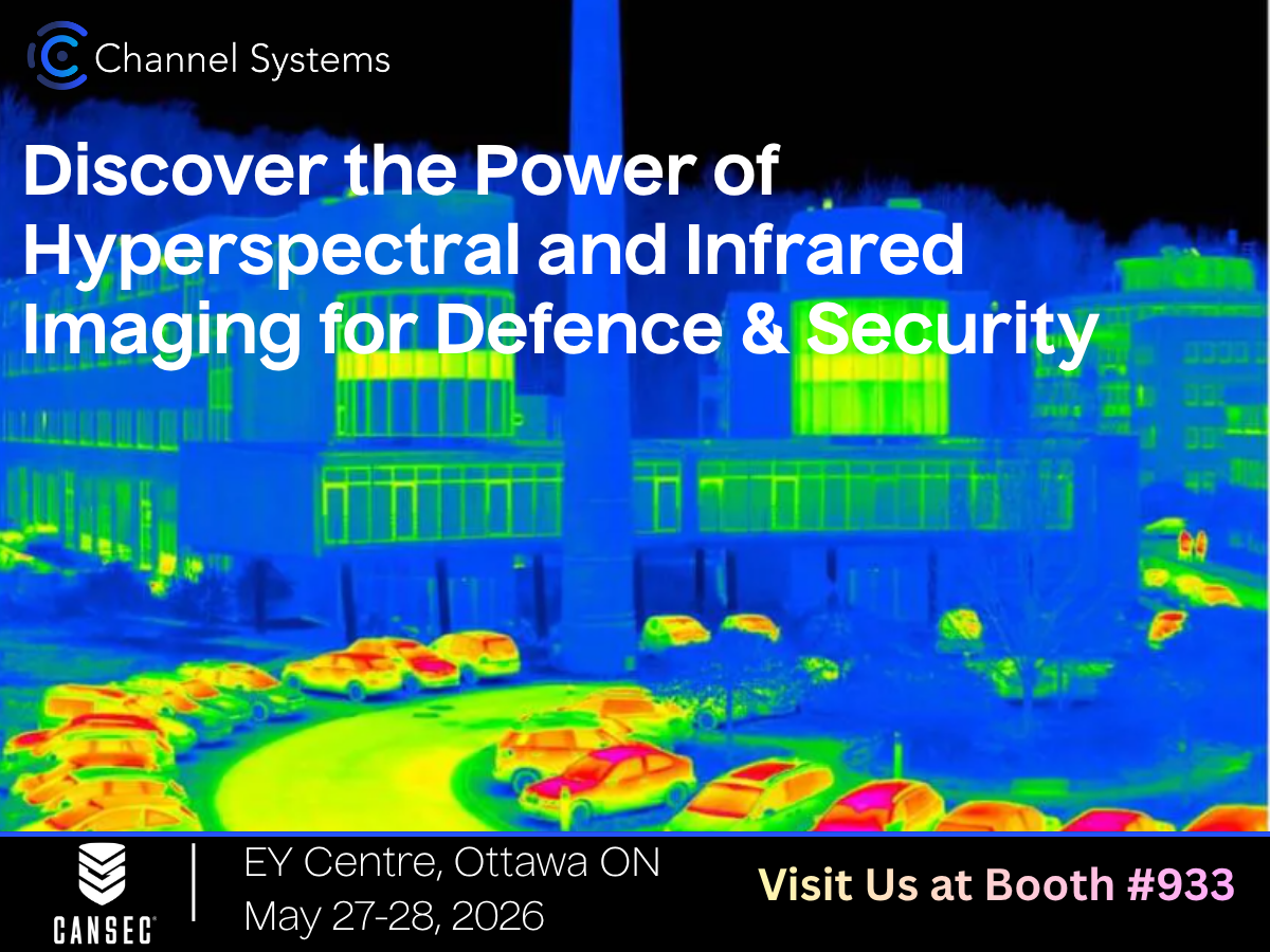 Thermal image of cars in front of building with text: Discover the Power of Hyperspectral and Infrared Imaging for Defence & Security. Visit us at Booth #933. CANSEC, EY Centre, Ottawa ON, May 27-28, 2026