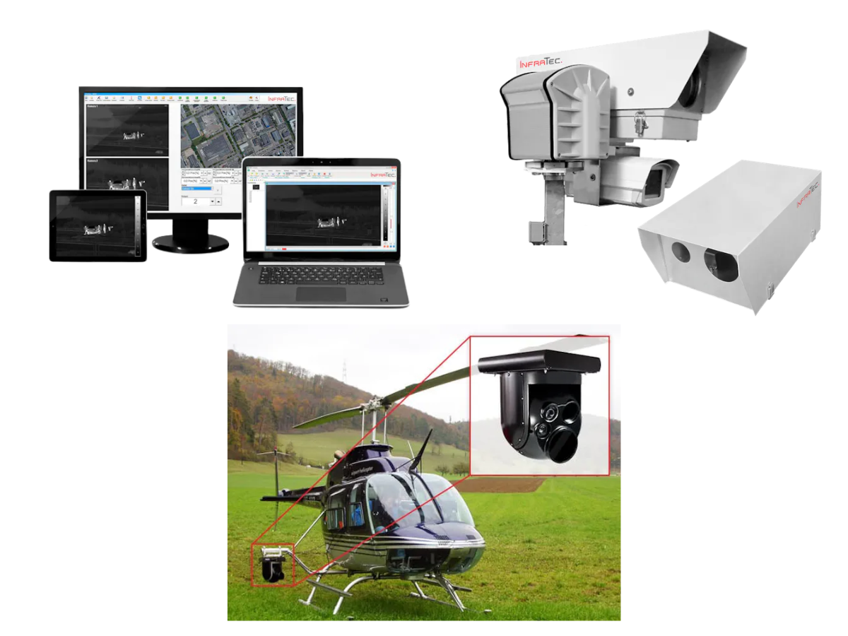 IROD system software on PC, laptop and tablet, two examples of protective housings, and image camera system mounted on helicopter for mobile surveillance