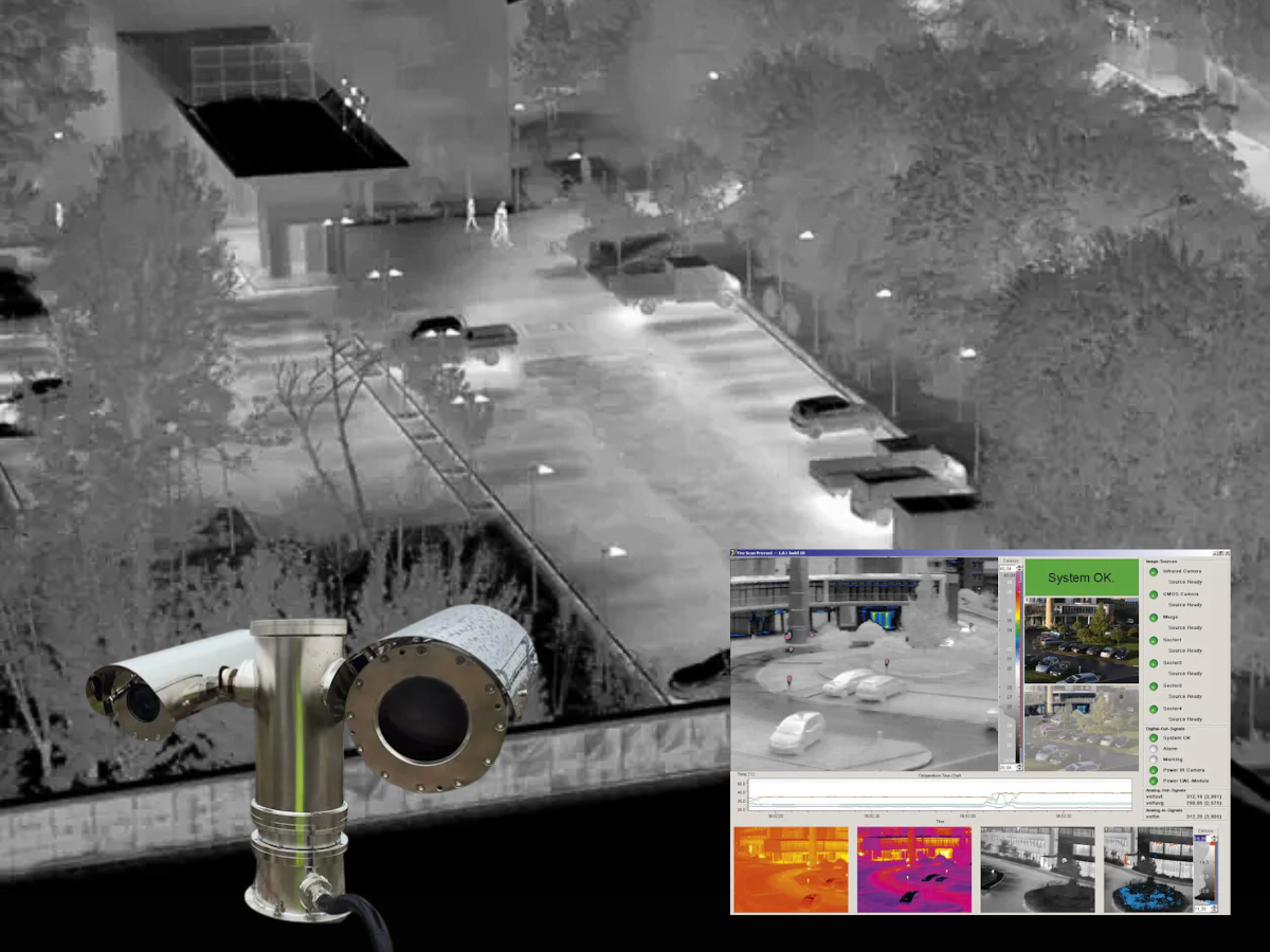 Infrared image of parking lot with IROD system, also an image of the cameras integrated into protective housing and the graphic user interface of the IROD software