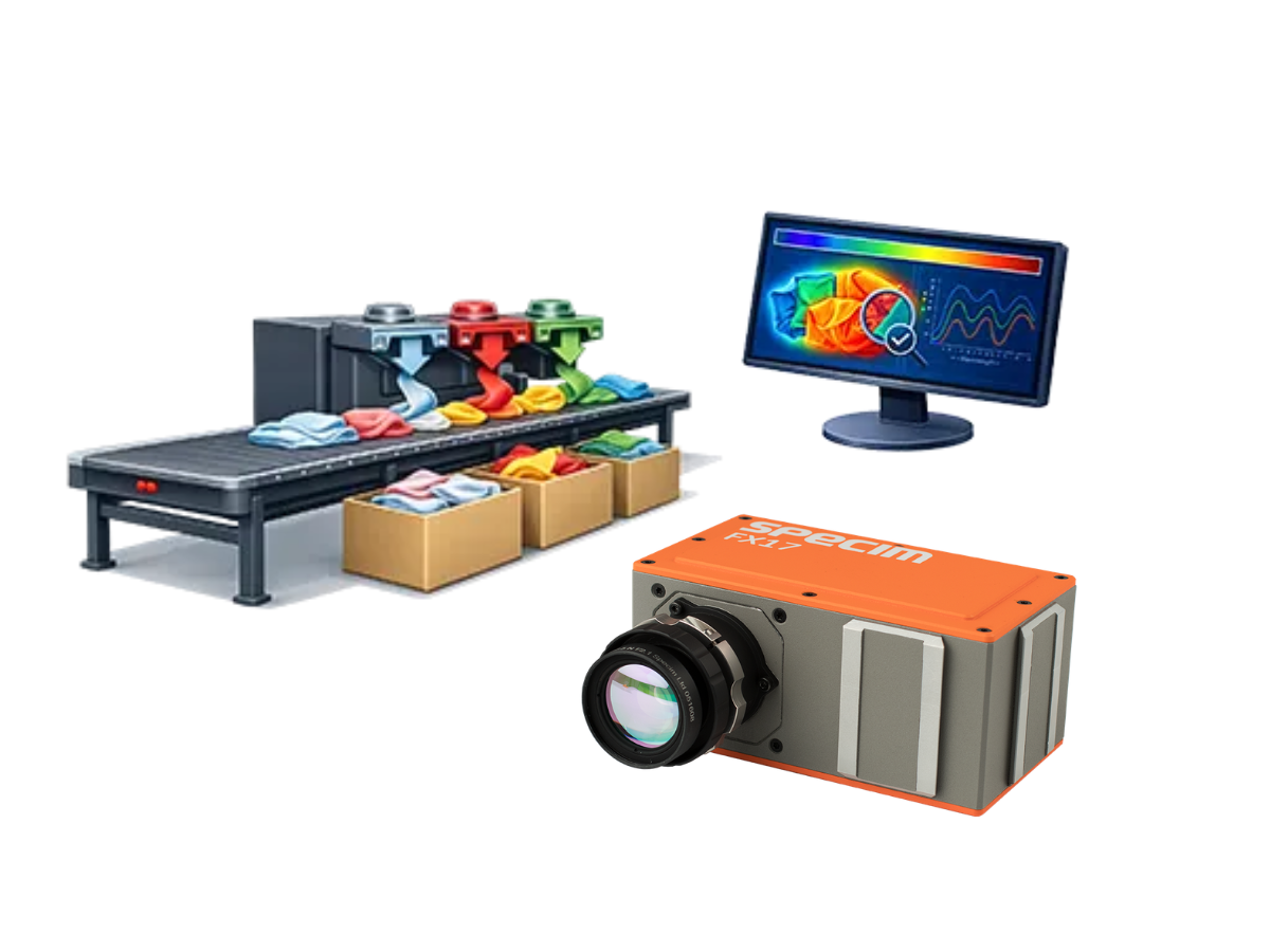 Conveyor with different textiles on it being sorted into different boxes, beside monitor showing analysis of different textiles and image of Specim FX17