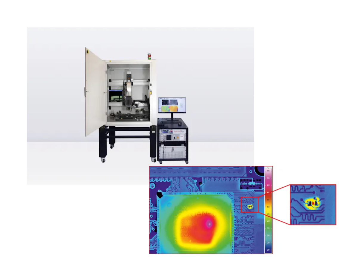 E-Lit solution setup with a thermal image of an electronics board and  zoomed in image of small defect detected