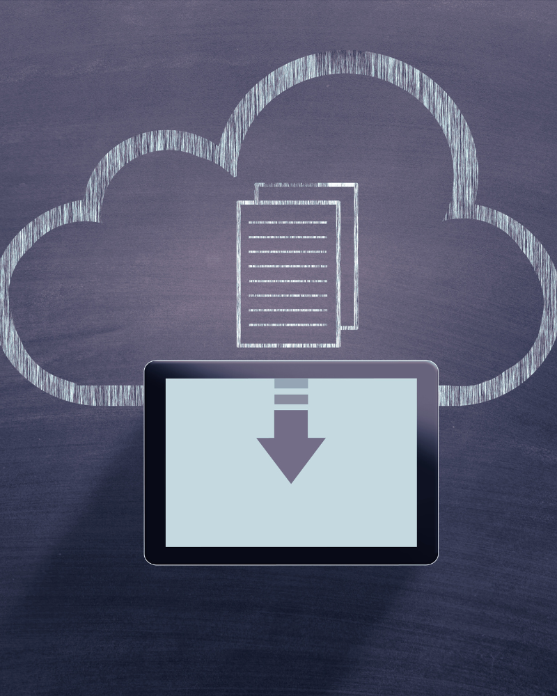 Document image inside a cloud with an ipad showing a download icon