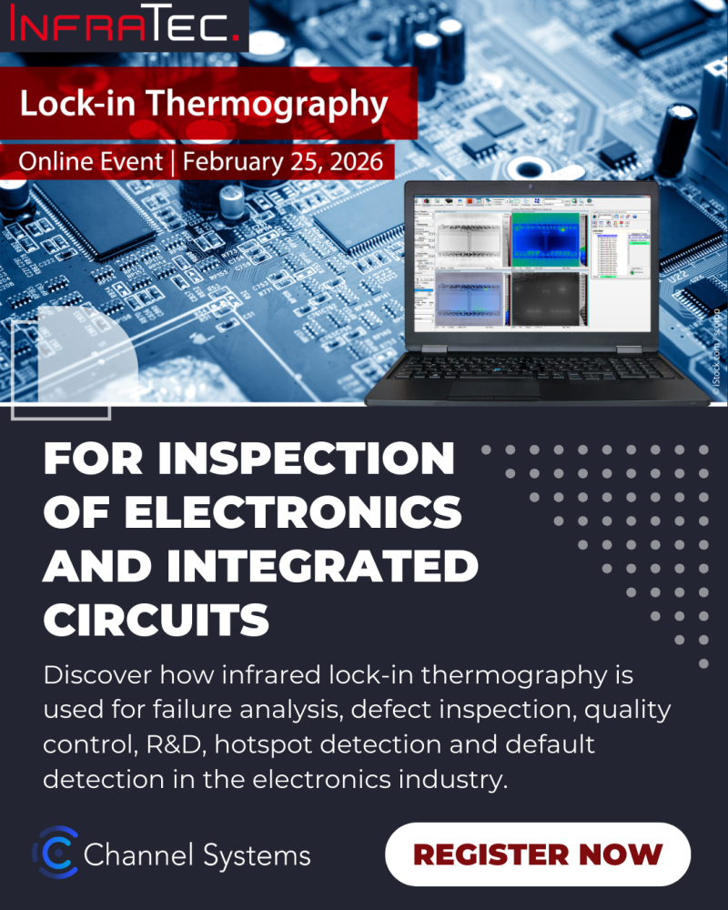 Image of circuit board in front of laptop with infrared thermographic software