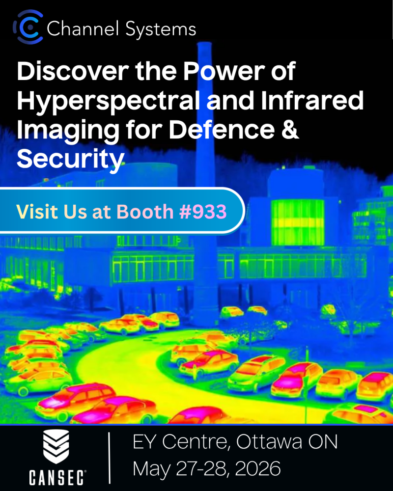Thermal image of cars in front of building with text: Discover the Power of Hyperspectral and Infrared Imaging for Defence & Security. Visit us at Booth #933. CANSEC, EY Centre, Ottawa ON, May 27-28, 2026