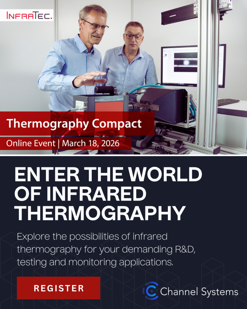 Person demonstrating infrared camera imaging setup to observer, text overlay reads Thermography Compact Online Event March 18, 2026