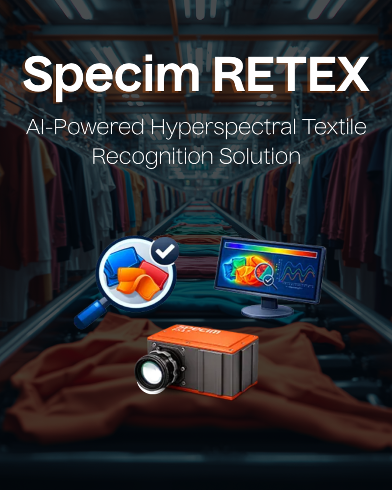 Specim FX camera and AI solution on monitor graphics overlaying background image of textiles moving on conveyor, with Specim RETEX AI-Powered Hyperspectral Textile Recognition Solution text 