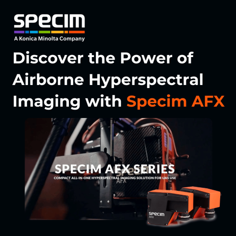 Specim AFX cameras on a black background with text Discover the Power of Airborne Hyperspectral Imaging with Specim AFX and Specim logo.