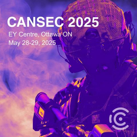 Military soldier in tactical gear imaged using infrared imaging with CANSEC 2025 title