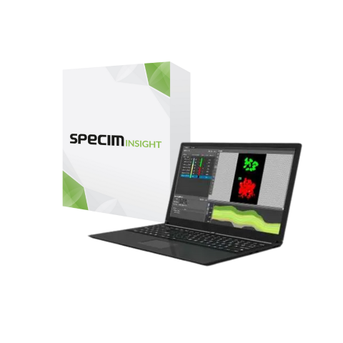 SpecimINSIGHT hyperspectral data analysis and sorting software package and image of user interface on laptop
